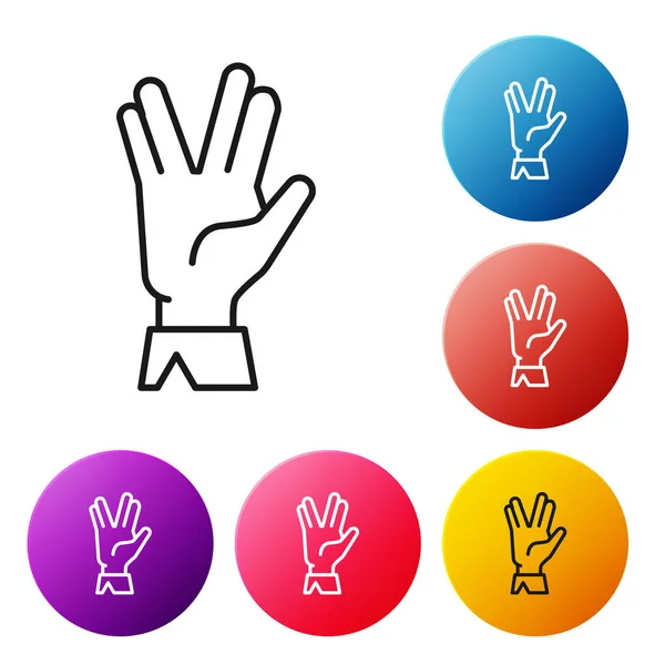 Black line Vulcan salute icon isolated on white background. Hand with vulcan greet. Spock symbol. Set icons colorful circle buttons. Vector Illustration — 스톡 벡터