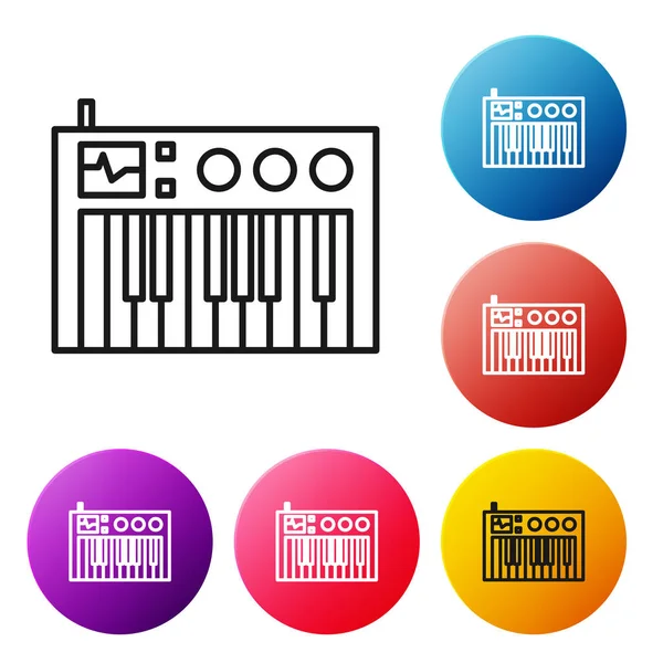 Black line Music synthesizer icon isolated on white background. Electronic piano. Set icons colorful circle buttons. Vector Illustration — 스톡 벡터