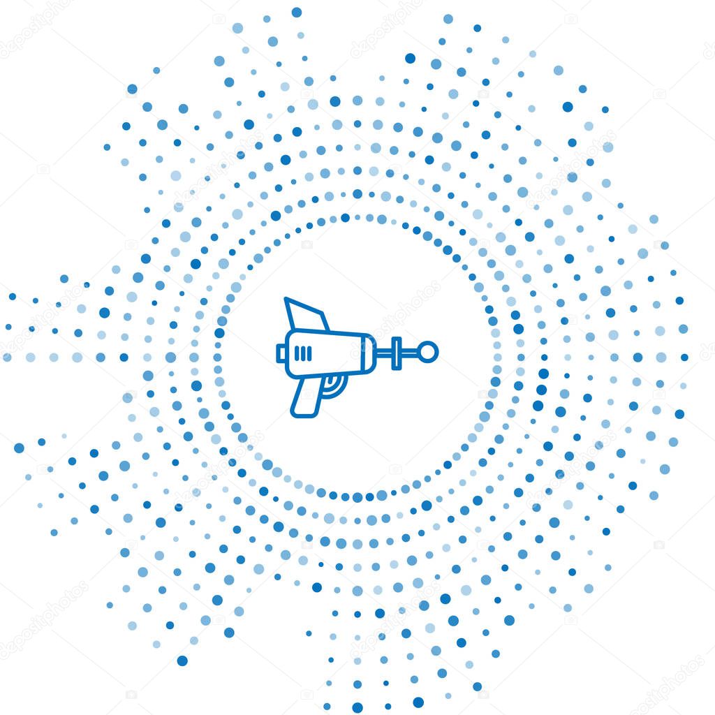 Blue line Ray gun icon isolated on white background. Laser weapon. Space blaster. Abstract circle random dots. Vector Illustration