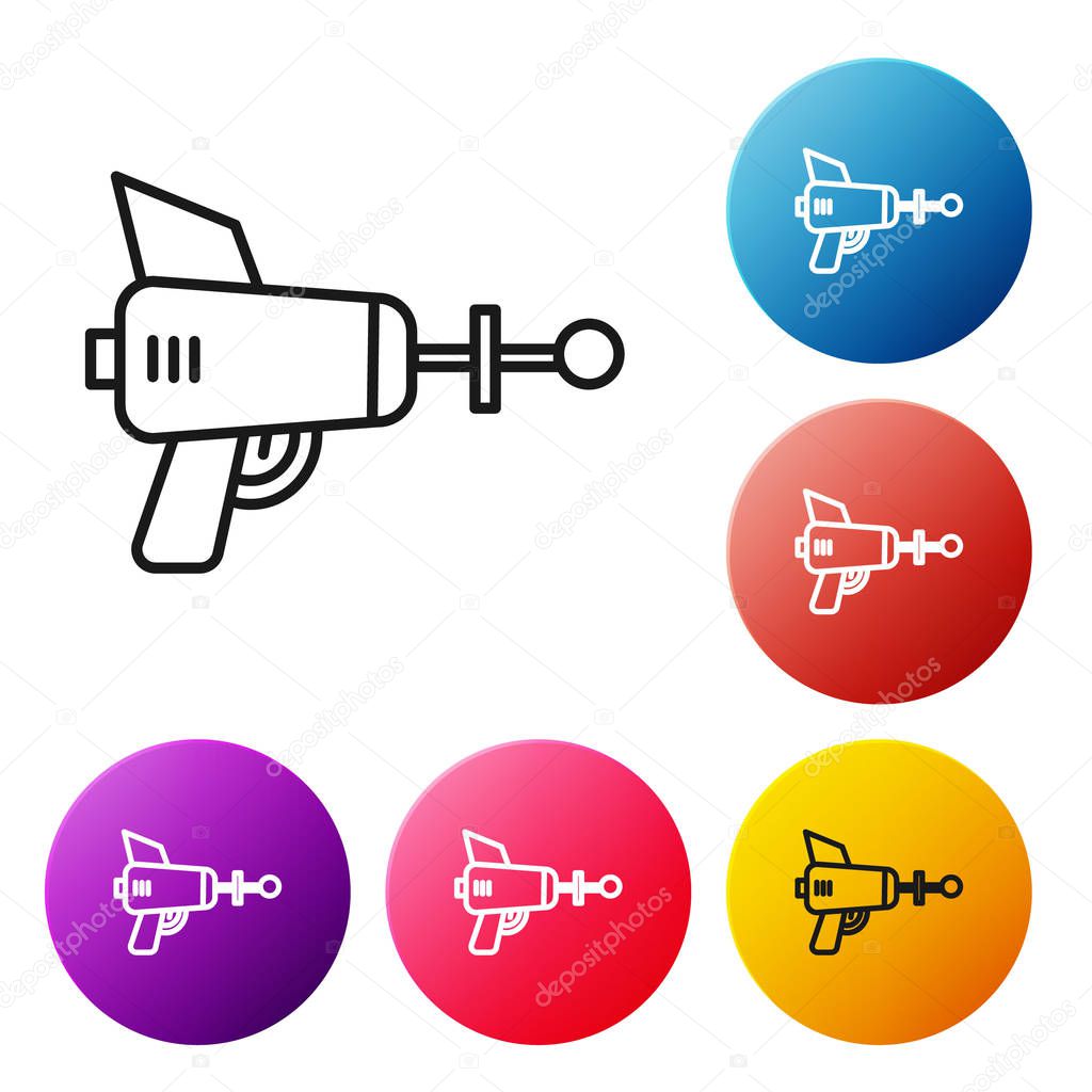 Black line Ray gun icon isolated on white background. Laser weapon. Space blaster. Set icons colorful circle buttons. Vector Illustration