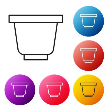 Siyah çizgi çiçek saksısı simgesi beyaz arkaplanda izole edildi. Renkli daire düğmelerini ayarlayın. Vektör İllüstrasyonu