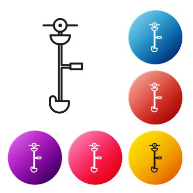 Beyaz arka planda siyah çizgili çim ve ot teli budayıcı simgesi var. Çim biçme makinesi, beyaz arka planda izole edilmiş çim biçme makinesi. Renkli daire düğmelerini ayarlayın. Vektör İllüstrasyonu