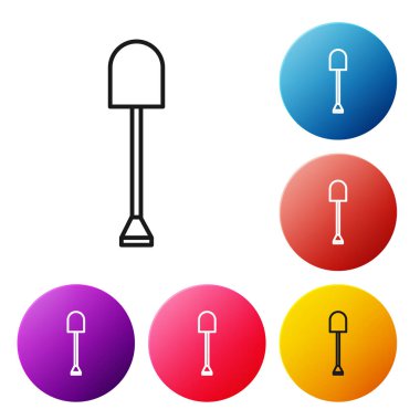 Siyah çizgi Shovel simgesi beyaz arka plan üzerinde izole. Bahçıvanlık aleti. Bahçecilik, tarım, tarım için bir araç. Simgeleri renkli daire düğmeleri ayarlayın. Vektör İllüstrasyonu