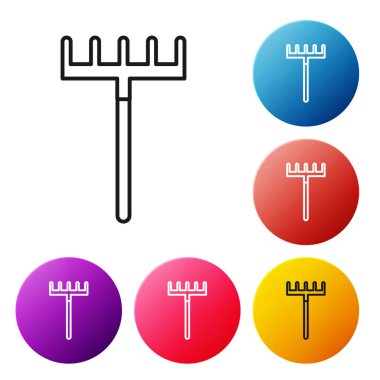 Siyah çizgi Bahçe komisyon simgesi beyaz arka plan üzerinde izole. Bahçecilik, tarım, tarım için bir araç. Yer kültivatör. Temizlik ekipmanları. Simgeleri renkli daire düğmeleri ayarlayın. Vektör İllüstrasyonu