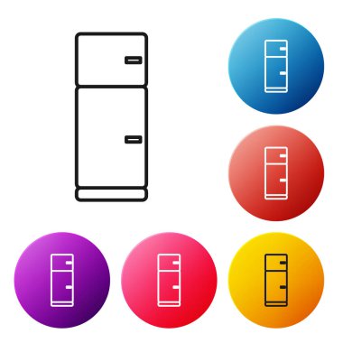 Siyah çizgi buzdolabı simgesi beyaz arkaplanda izole edildi. Buzdolabı buzdolabı. Ev aletleri ve aletler. Renkli daire düğmelerini ayarlayın. Vektör İllüstrasyonu