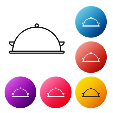Siyah çizgi beyaz arka plan üzerinde izole gıda simgesi bir tepsi ile kaplı. Tepsi ve kapak işareti. Kapaklı restoran cloche. mutfak sembolü. Simgeleri renkli daire düğmeleri ayarlayın. Vektör İllüstrasyonu