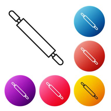 Siyah çizgi yuvarlanan pin simgesi beyaz arkaplanda izole edildi. Renkli daire düğmelerini ayarlayın. Vektör İllüstrasyonu