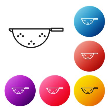 Siyah çizgi Mutfak Kevgir simgesi beyaz arkaplanda izole edildi. Mutfak aletleri. Çatal bıçak seti. Renkli daire düğmelerini ayarlayın. Vektör İllüstrasyonu