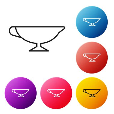 Siyah çizgili sos teknesi simgesi beyaz arkaplanda izole edilmiş. Sos kasesi. Renkli daire düğmelerini ayarlayın. Vektör İllüstrasyonu