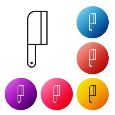 Siyah çizgi Et Helikopteri simgesi beyaz arkaplanda izole edildi. Et için mutfak bıçağı. Kasap bıçağı. Renkli daire düğmelerini ayarlayın. Vektör İllüstrasyonu