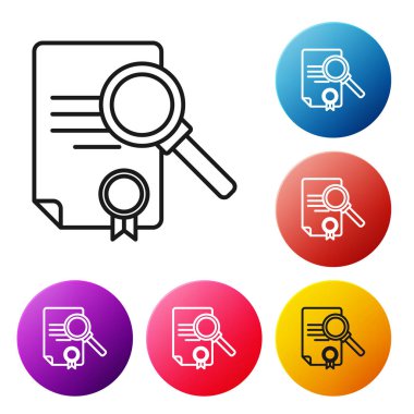 Beyaz arkaplanda arama simgesine sahip siyah çizgi belgesi. Dosya ve büyüteç simgesi. Analitik araştırma işareti. Renkli daire düğmelerini ayarlayın. Vektör İllüstrasyonu