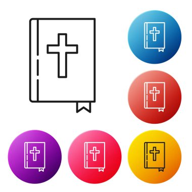 Siyah çizgi. Kutsal İncil ikonu beyaz arka planda izole edilmiş. Renkli daire düğmelerini ayarlayın. Vektör İllüstrasyonu