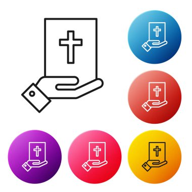 Beyaz arka planda izole edilmiş kutsal İncil ikonu üzerine kara çizgi yemini. Mahkemedeki prosedür. Gerçek ve gerçek. Tanrı huzurunda söz ver. Renkli daire düğmelerini ayarlayın. Vektör İllüstrasyonu