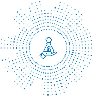 Mavi Hat El para çantası ikonunu beyaz arka planda tutuyor. Dolar ya da Usd sembolü. Nakit bankacılık tabelası. Soyut çember rastgele noktalar. Vektör İllüstrasyonu