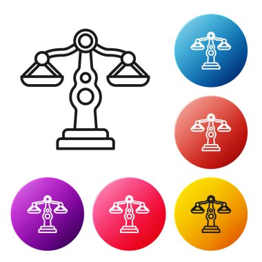 Beyaz arka planda izole edilmiş siyah ölçekli adalet simgesi. Hukuk mahkemesi sembolü. Denge tabelaları. Renkli daire düğmelerini ayarlayın. Vektör İllüstrasyonu