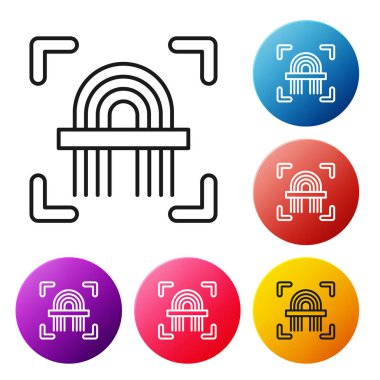 Beyaz arkaplanda siyah çizgi parmak izi simgesi izole edildi. Kimlik uygulama simgesi. Kimlik işareti. Kimliğe dokun. Renkli daire düğmelerini ayarlayın. Vektör İllüstrasyonu