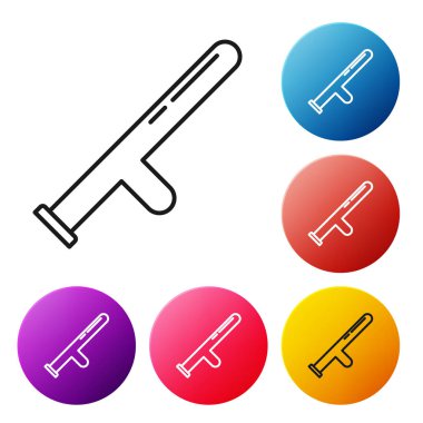 Siyah çizgi polis kauçuk çubuk simgesi beyaz arka planda izole edildi. Kauçuk copu. Polis yarasası. Polis ekipmanları. Renkli daire düğmelerini ayarlayın. Vektör İllüstrasyonu