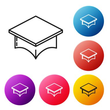 Siyah çizgi mezuniyet başlığı simgesi beyaz arkaplanda izole edildi. Tassel ikonlu mezuniyet şapkası. Renkli daire düğmelerini ayarlayın. Vektör İllüstrasyonu