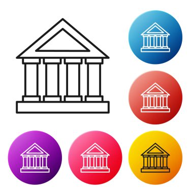 Siyah çizgi adliye binası simgesi beyaz arka planda izole edildi. Banka veya müze inşaatı. Renkli daire düğmelerini ayarlayın. Vektör İllüstrasyonu