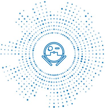Mavi çizgili robot elektrikli süpürge ikonu beyaz arka planda izole edildi. Otomatik süpürme için ev aletleri, ev temizliği için dijital cihazlar. Soyut çember rastgele noktalar. Vektör İllüstrasyonu