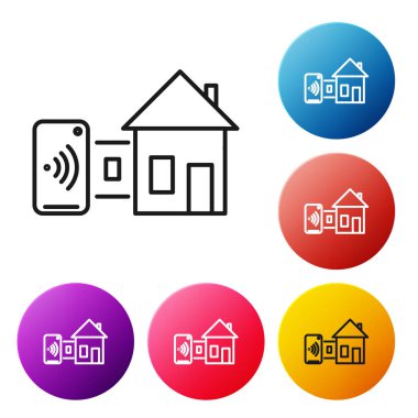 Siyah çizgi Akıllı ev simgesi beyaz arka planda yalıtılmış. Uzaktan kumanda. Simgeleri renkli daire düğmeleri ayarlayın. Vektör İllüstrasyonu