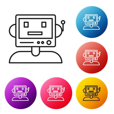 Siyah çizgi robot simgesi beyaz arkaplanda izole edildi. Renkli daire düğmelerini ayarlayın. Vektör İllüstrasyonu