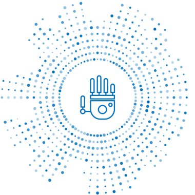 Mavi çizgi Mekanik robot el simgesi beyaz arkaplanda izole edildi. Robot kol sembolü. Teknolojik konsept. Soyut çember rastgele noktalar. Vektör İllüstrasyonu