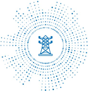 Mavi hat elektrik kulesi beyaz arka planda izole edilmiş bir güç hattı simgesini desteklemek için kullanılır. Yüksek voltajlı elektrik direği hattı. Soyut çember rastgele noktalar. Vektör İllüstrasyonu
