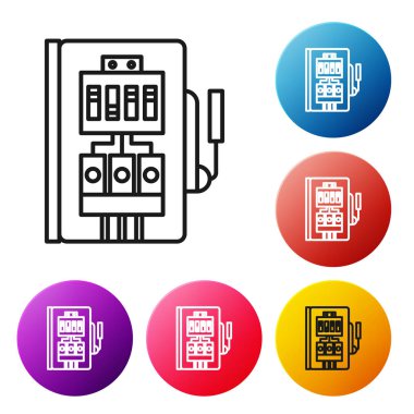 Siyah çizgi elektrik panel simgesi beyaz arkaplanda izole edildi. Renkli daire düğmelerini ayarlayın. Vektör İllüstrasyonu