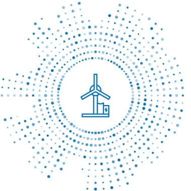 Mavi çizgi rüzgar türbini simgesi beyaz arkaplanda izole edildi. Rüzgar jeneratörü işareti. Elektrik üretimi için yel değirmeni. Soyut çember rastgele noktalar. Vektör İllüstrasyonu