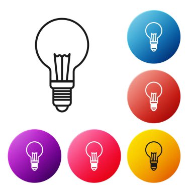 Fikir ikonu kavramına sahip siyah çizgi ampulü beyaz arkaplanda izole edildi. Enerji ve fikir sembolü. İlham konsepti. Renkli daire düğmelerini ayarlayın. Vektör İllüstrasyonu
