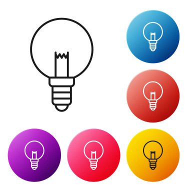 Fikir ikonu kavramına sahip siyah çizgi ampulü beyaz arkaplanda izole edildi. Enerji ve fikir sembolü. İlham konsepti. Renkli daire düğmelerini ayarlayın. Vektör İllüstrasyonu