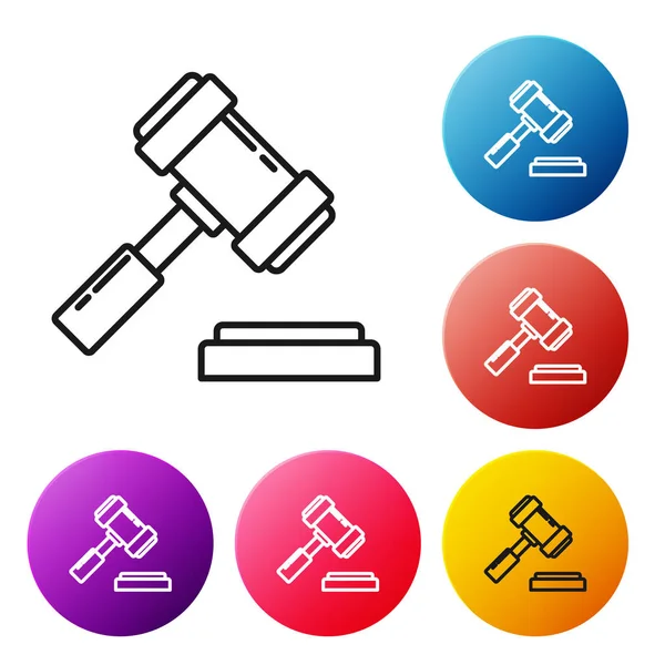 Black line Judge gavel icon isolated on white background. Gavel for adjudication of sentences and bills, court, justice. Auction hammer. Set icons colorful circle buttons. Vector Illustration — Stock Vector