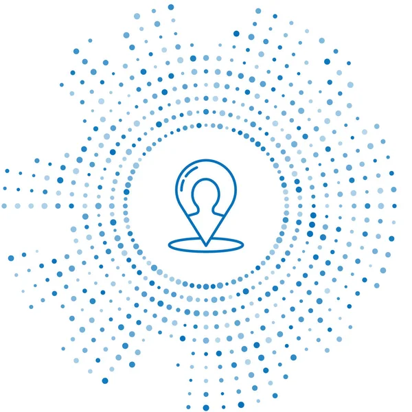 Linea blu Mappa pennarello con la silhouette di una persona icona isolata su sfondo bianco. Simbolo di posizione GPS. Cerchi astratti puntini casuali. Illustrazione vettoriale — Vettoriale Stock