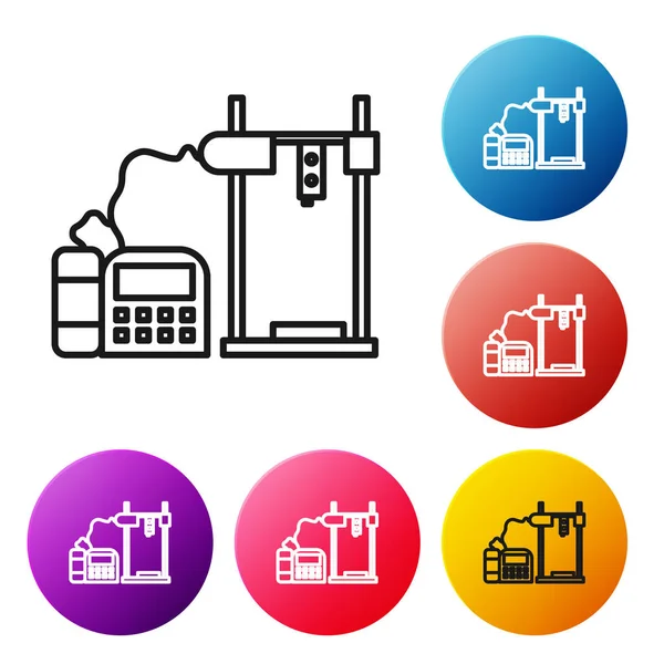 黑线3D打印机图标隔离在白色背景上. 设置彩色圆形按钮图标. 病媒图解 — 图库矢量图片