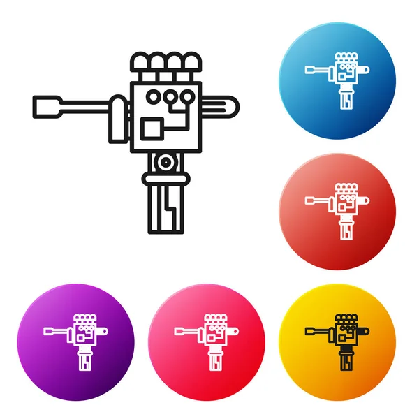 Black Line mechanische Roboterhand und Schraubendreher Werkzeug Symbol isoliert auf weißem Hintergrund. Roboterarm-Symbol. technologisches Konzept. setzen Symbole bunte Kreis-Tasten. Vektorillustration — Stockvektor