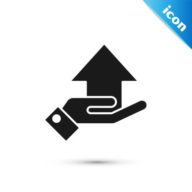 Eldeki Kara Para simgesi beyaz arka planda yalıtılmış. Palm ok yukarı nakit tutar. Nakit maaş artışı. Yükselen fiyatlar. Vektör İllüstrasyonu