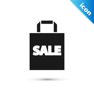 Beyaz arka plan üzerinde izole bir yazıt Satış simgesi ile Siyah Shoping çanta. Çanta tabelası. Kadın çantası simgesi. Kadın çanta tabelası. Vektör İllüstrasyonu