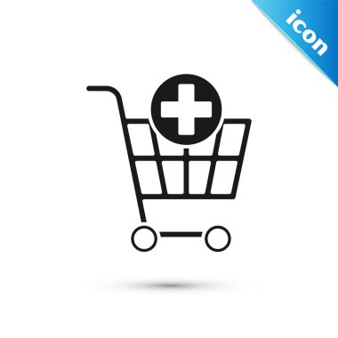 Siyah Beyaz arka planda yalıtılmış Alışveriş sepeti simgesine ekle. Online satın alma konsepti. Teslimat hizmeti işareti. Süpermarket sepeti sembolü. Vektör İllüstrasyonu
