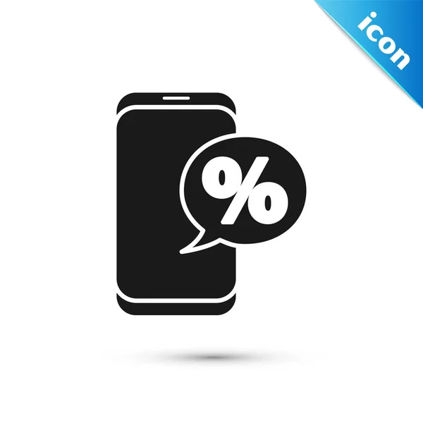 Preto por cento símbolo desconto e ícone do telefone móvel isolado no fundo branco. Percentagem de venda - etiqueta de preço, tag. Ilustração vetorial — Vetor de Stock
