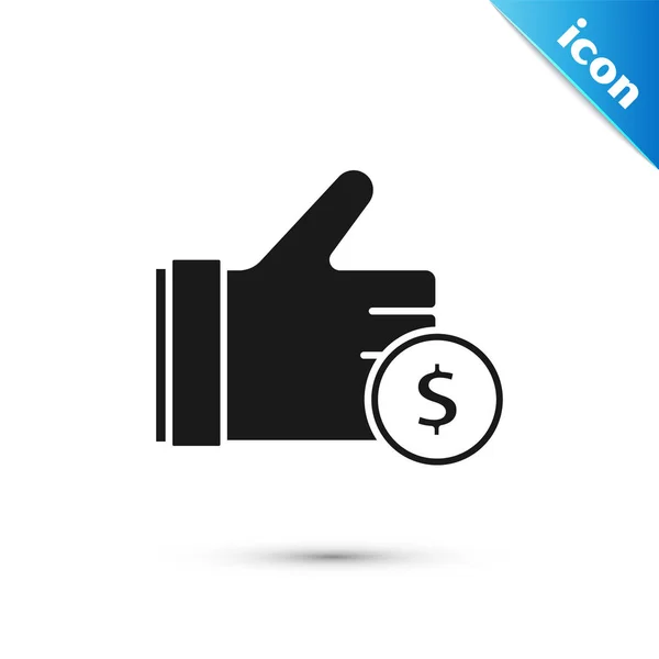 Mano negra sosteniendo el icono de la moneda aislada sobre fondo blanco. Dólar o símbolo USD. Signo de moneda bancaria en efectivo. Ilustración vectorial — Vector de stock