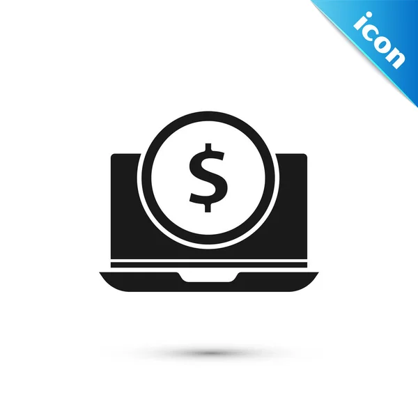 Laptop preto com ícone símbolo dólar isolado no fundo branco. Conceito de compras online. Ganhos na Internet, marketing. Ilustração vetorial —  Vetores de Stock
