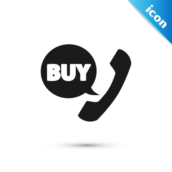 Schwarzes Telefon und Sprechblase mit Textkaufsymbol isoliert auf weißem Hintergrund. Online-Kauf-Symbol. Supermarkt-Warenkorb Symbol. Vektorillustration — Stockvektor