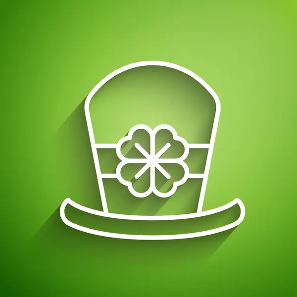 Línea blanca Sombrero duende e icono de trébol de cuatro hojas aislado sobre fondo verde. Feliz día de San Patricio. Ilustración vectorial — Vector de stock