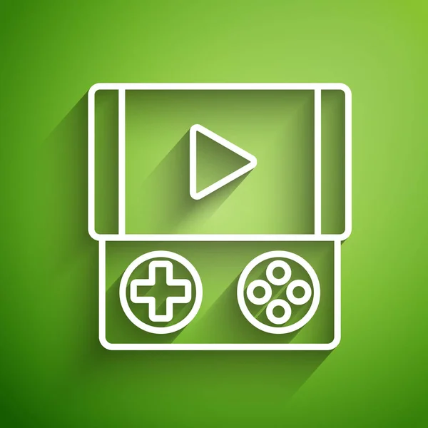 White line Portable video game console icon isolated on green background. Gamepad sign. Gaming concept. Vector Illustration — ストックベクタ