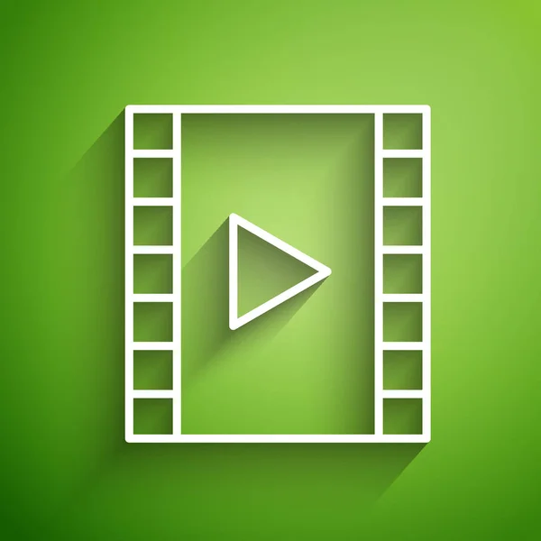 Línea blanca Reproducir icono de vídeo aislado sobre fondo verde. Película de tira con señal de juego. Ilustración vectorial — Vector de stock
