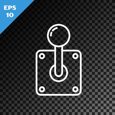 Atari makinesi simgesi için beyaz çizgi Joystick 'i şeffaf koyu arkaplanda izole edilmiş. Joystick oyun alanı. Vektör İllüstrasyonu