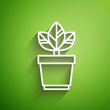 Beyaz çizgi çiçekleri yeşil arka planda tencere simgesinde izole edilmiş. Tencerede yetişen bir bitki. Saksı bitkisi işareti. Vektör İllüstrasyonu
