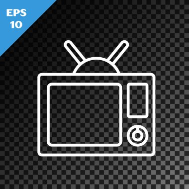 Beyaz çizgi televizyon simgesi, şeffaf koyu arkaplanda izole edildi. Televizyon tabelası. Vektör İllüstrasyonu