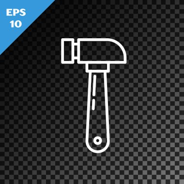 Beyaz çizgi çekiç simgesi, şeffaf koyu arkaplanda izole edildi. Tamir için bir araç. Vektör İllüstrasyonu